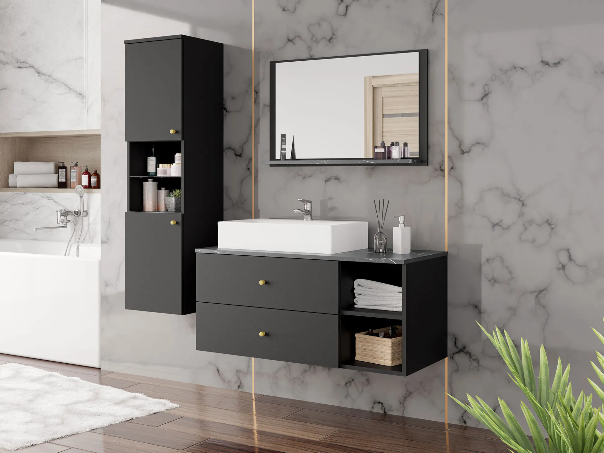 Badeværelsessæt Salus II (Sort + Sort marmor)