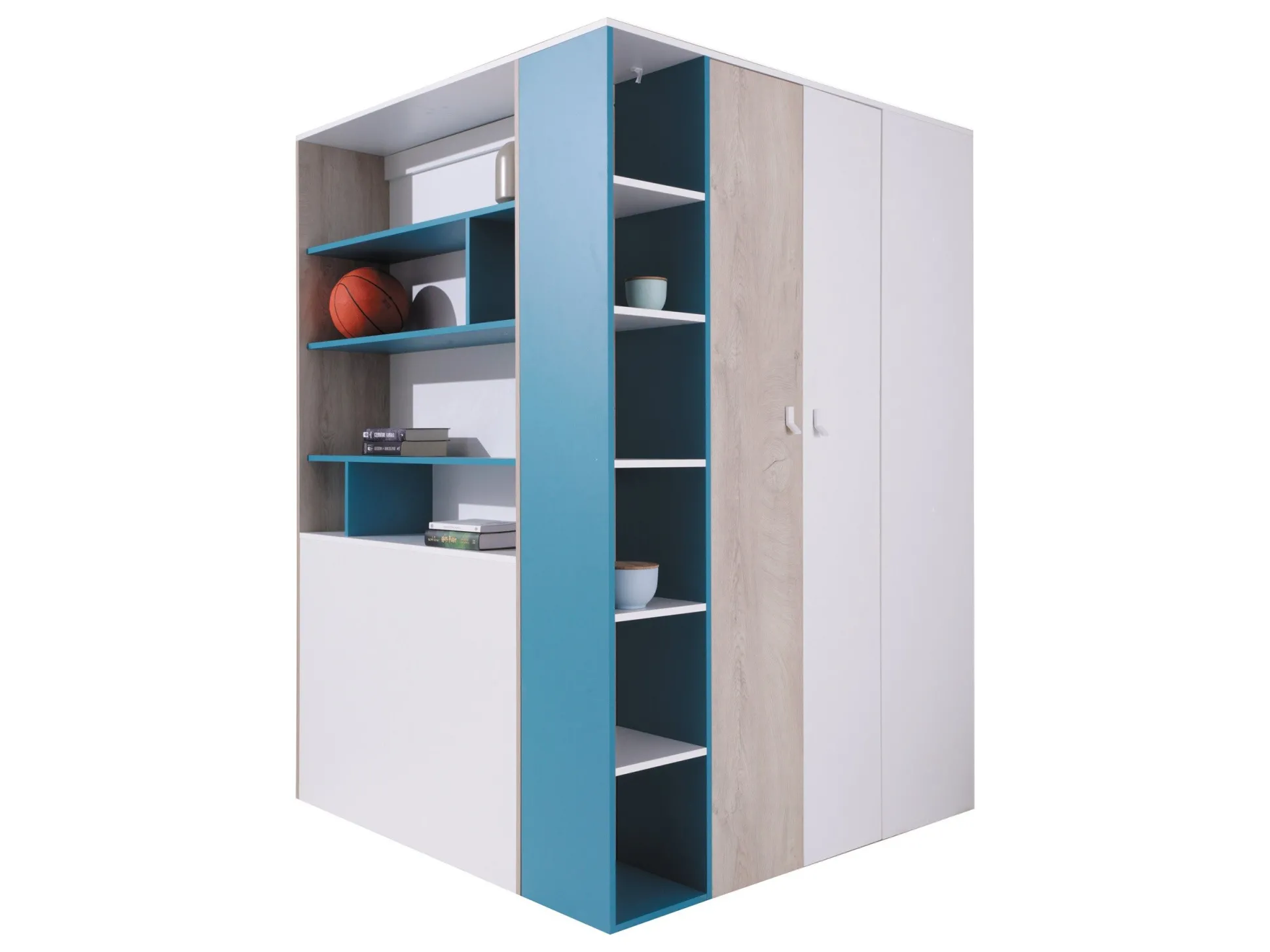 Hjørnegarderob Camteso 113 (Hvid + Egetræ + Turkis)