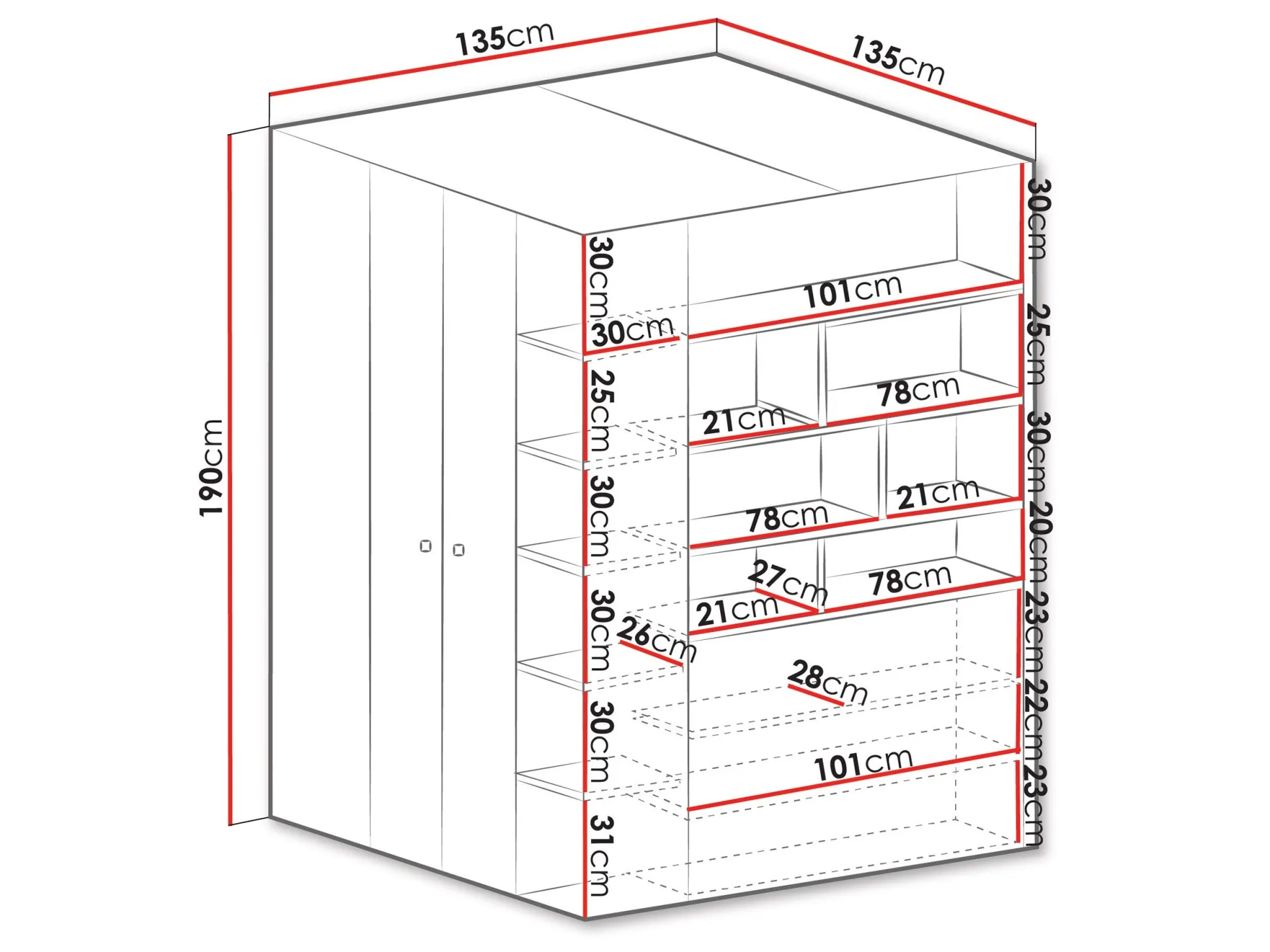 Hjørnegarderob Camteso 113 (Hvid + Egetræ + Turkis)
