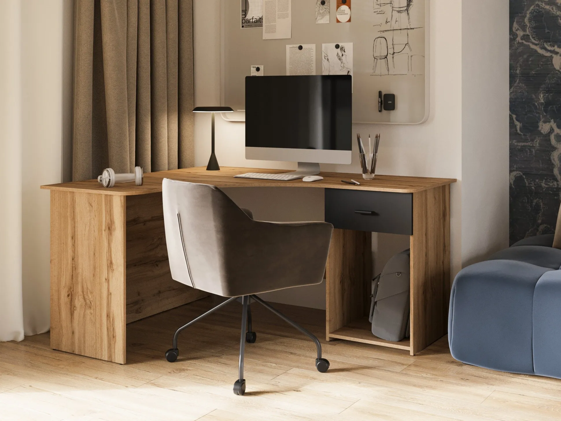 Hjørneskrivebord Austin 303 (Wotan eg + Sort)