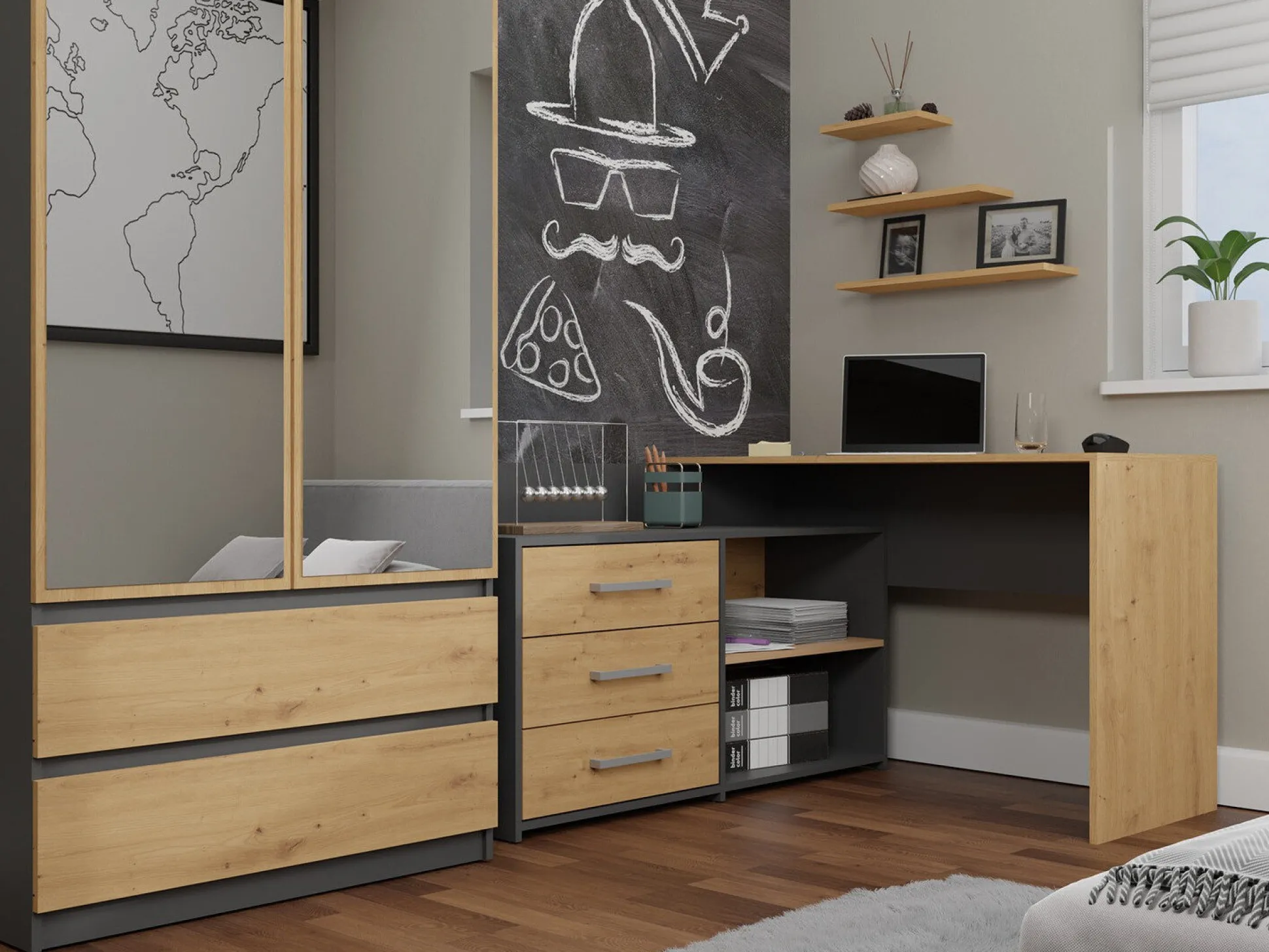 Hjørneskrivebord Mandeville 131 (Antracit + Artisan eg)