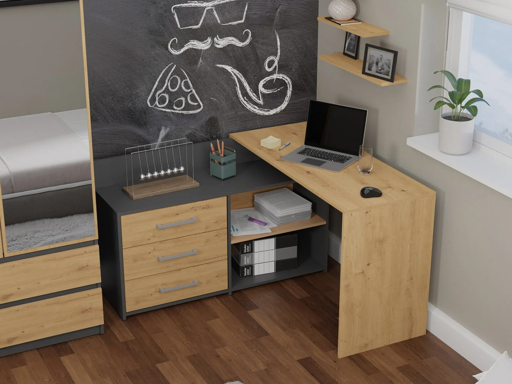 Hjørneskrivebord Mandeville 131 (Antracit + Artisan eg)