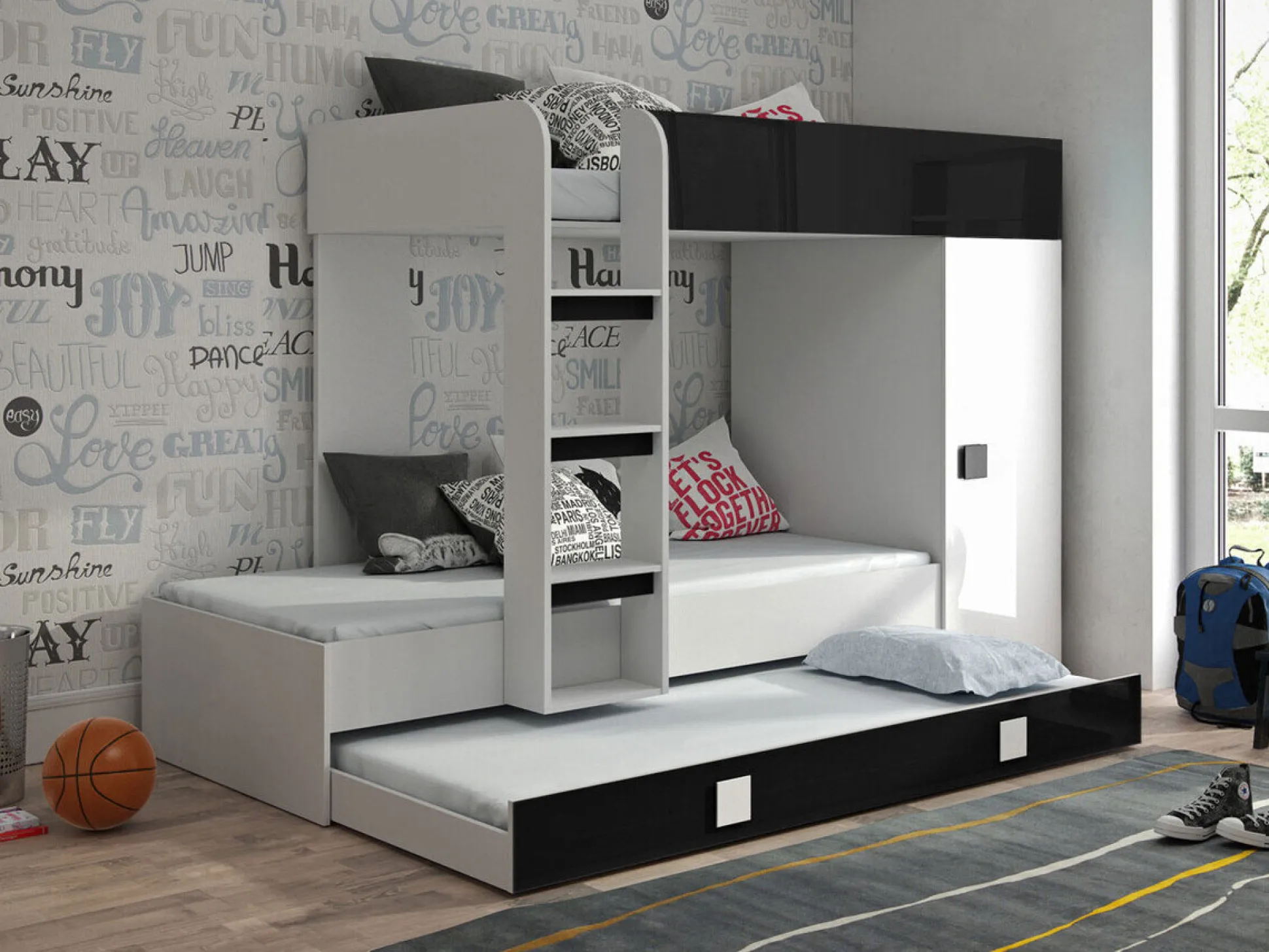 Køjeseng Hartford 191 (Hvid + Blank sort + Glansfuld hvid)