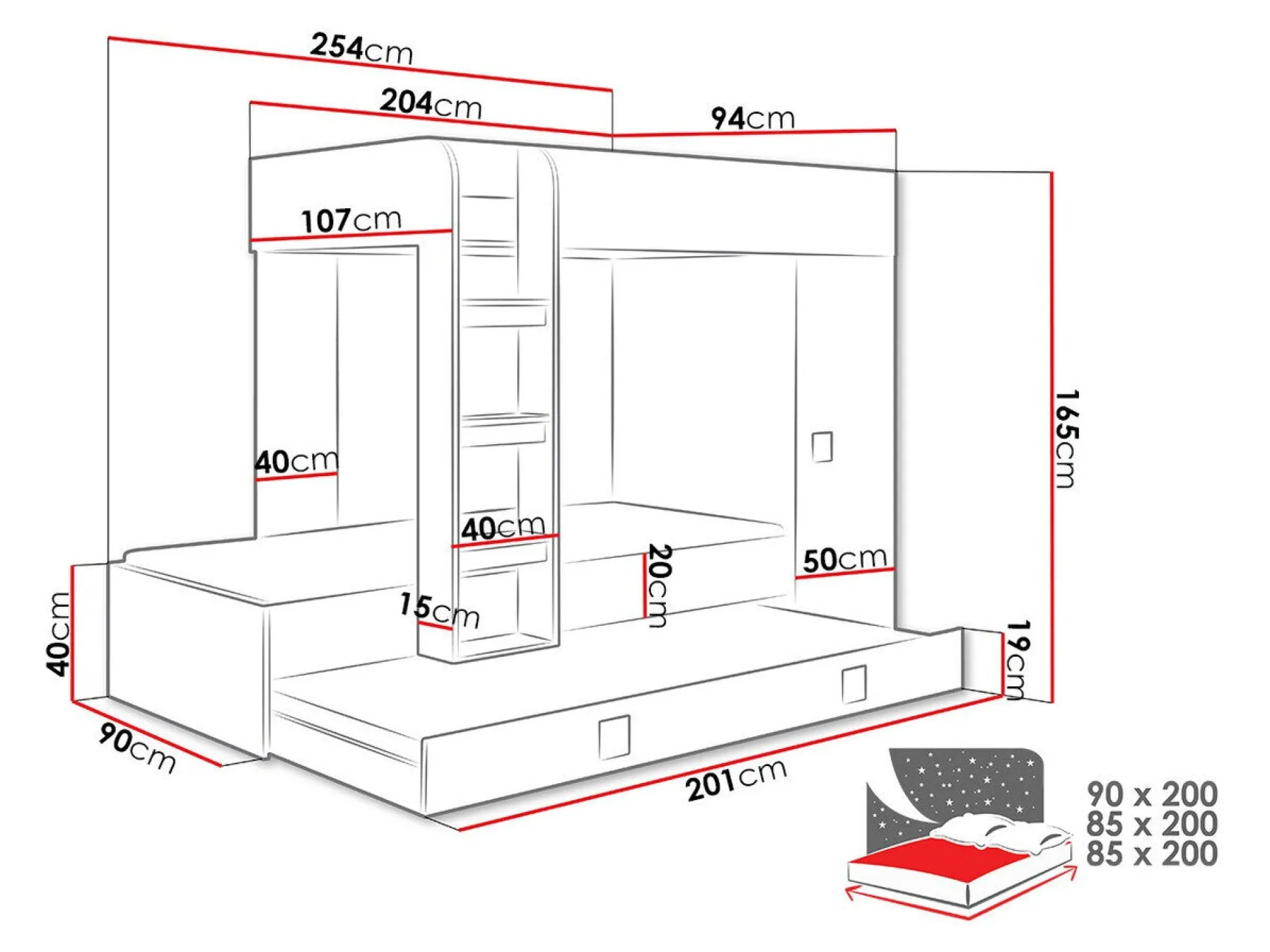 Køjeseng Hartford 191 (Hvid + Blank sort + Glansfuld hvid)