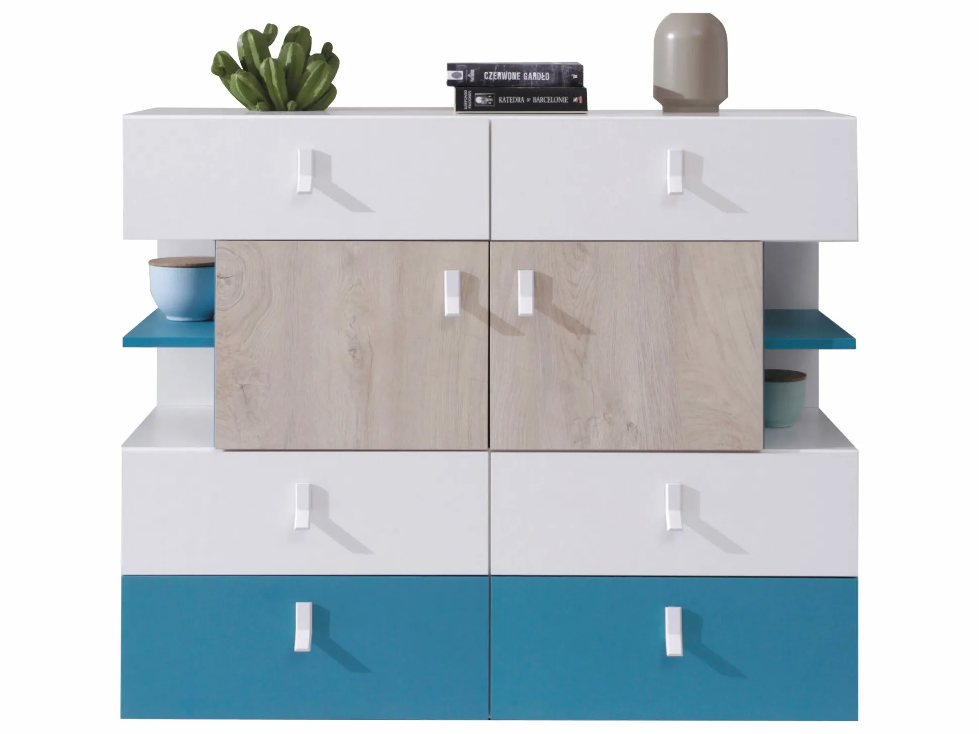 Kommode Camteso 106 (Hvid + Egetræ + Turkis)