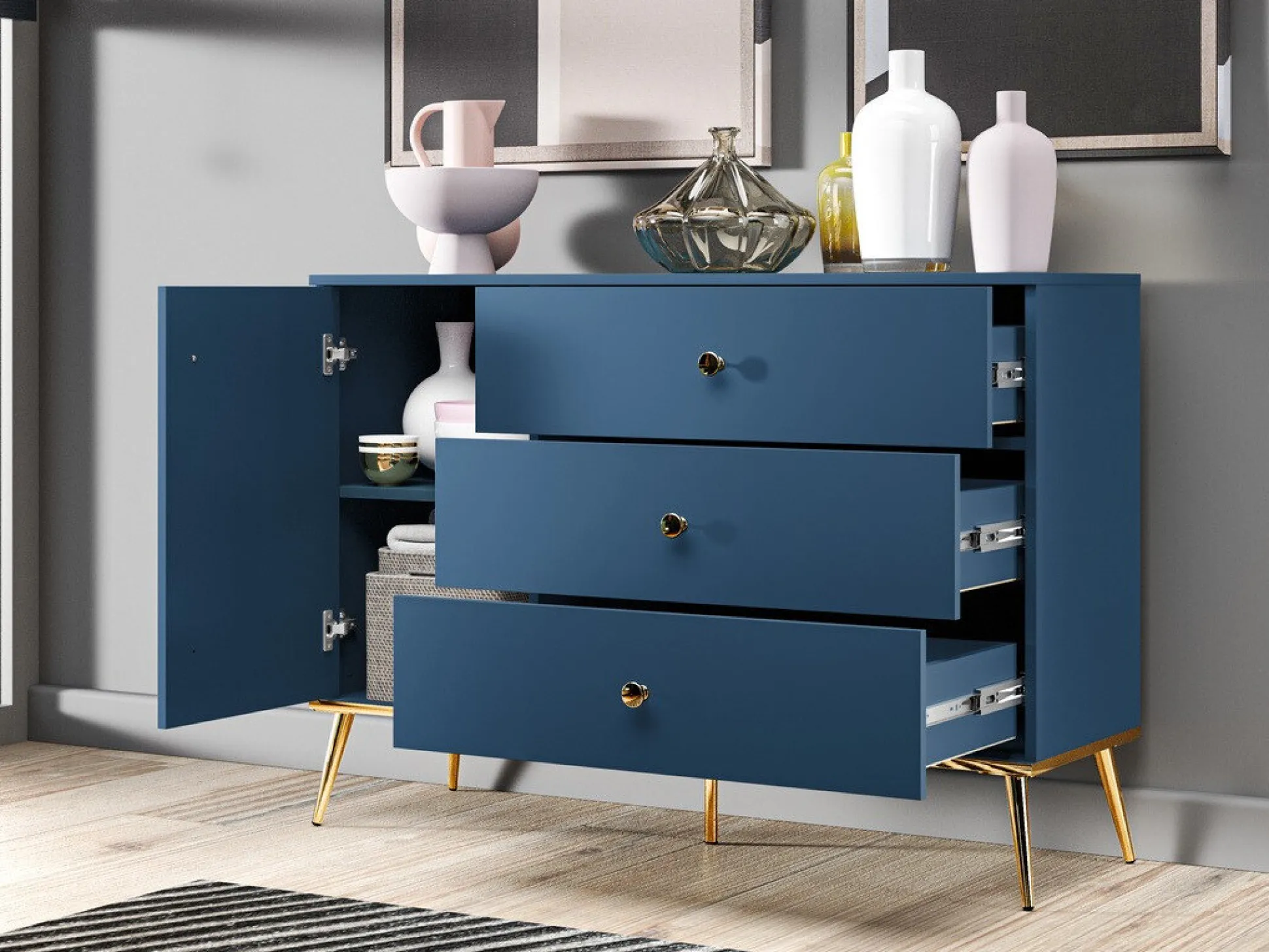 Kommode Flonovu 103 (Mørkeblå + Gylden)