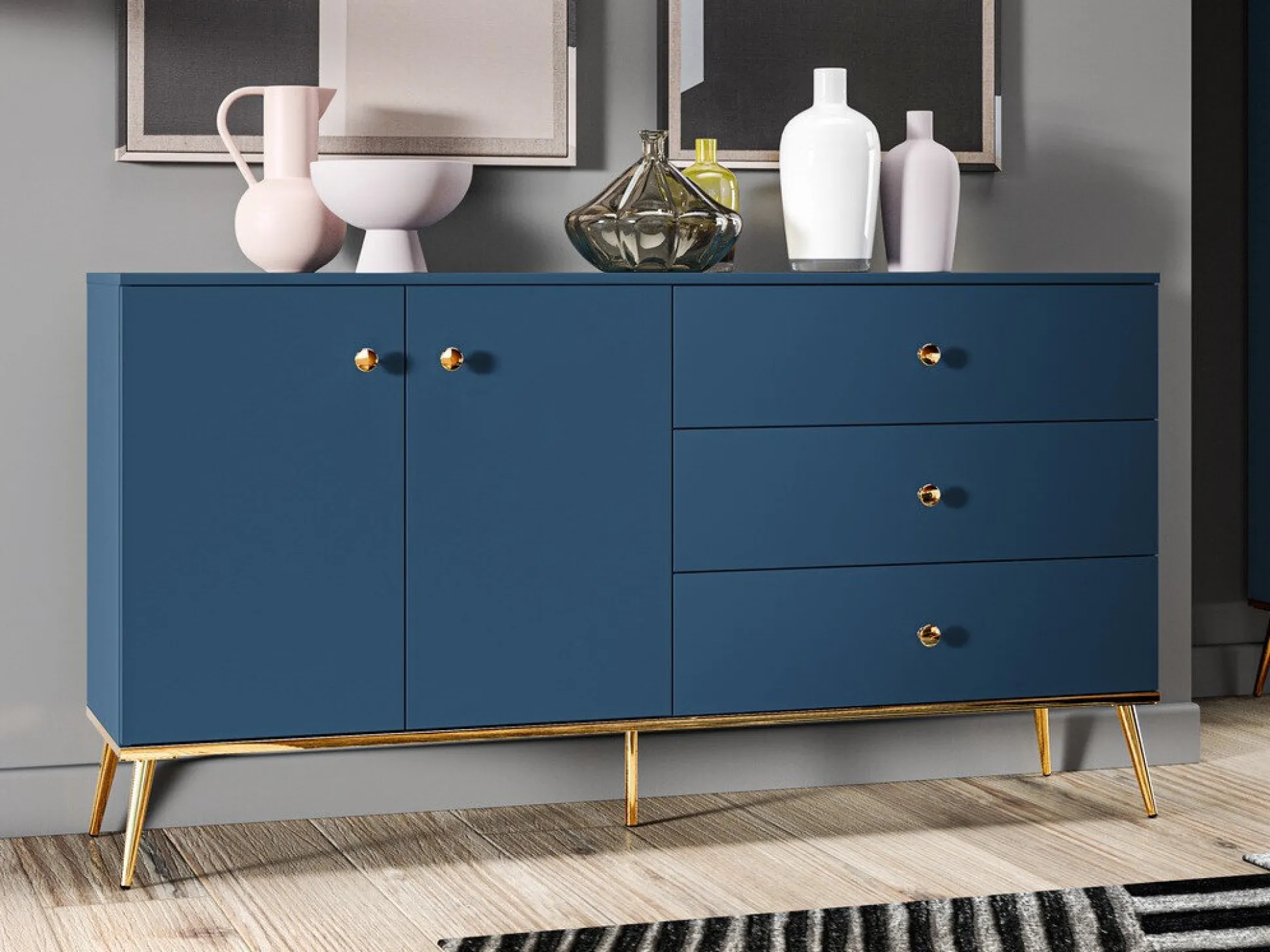 Kommode Flonovu 102 (Mørkeblå + Gylden)