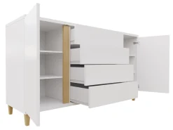 Kommode Florem (Hvid + Glansfuld hvid + Lyst træ)