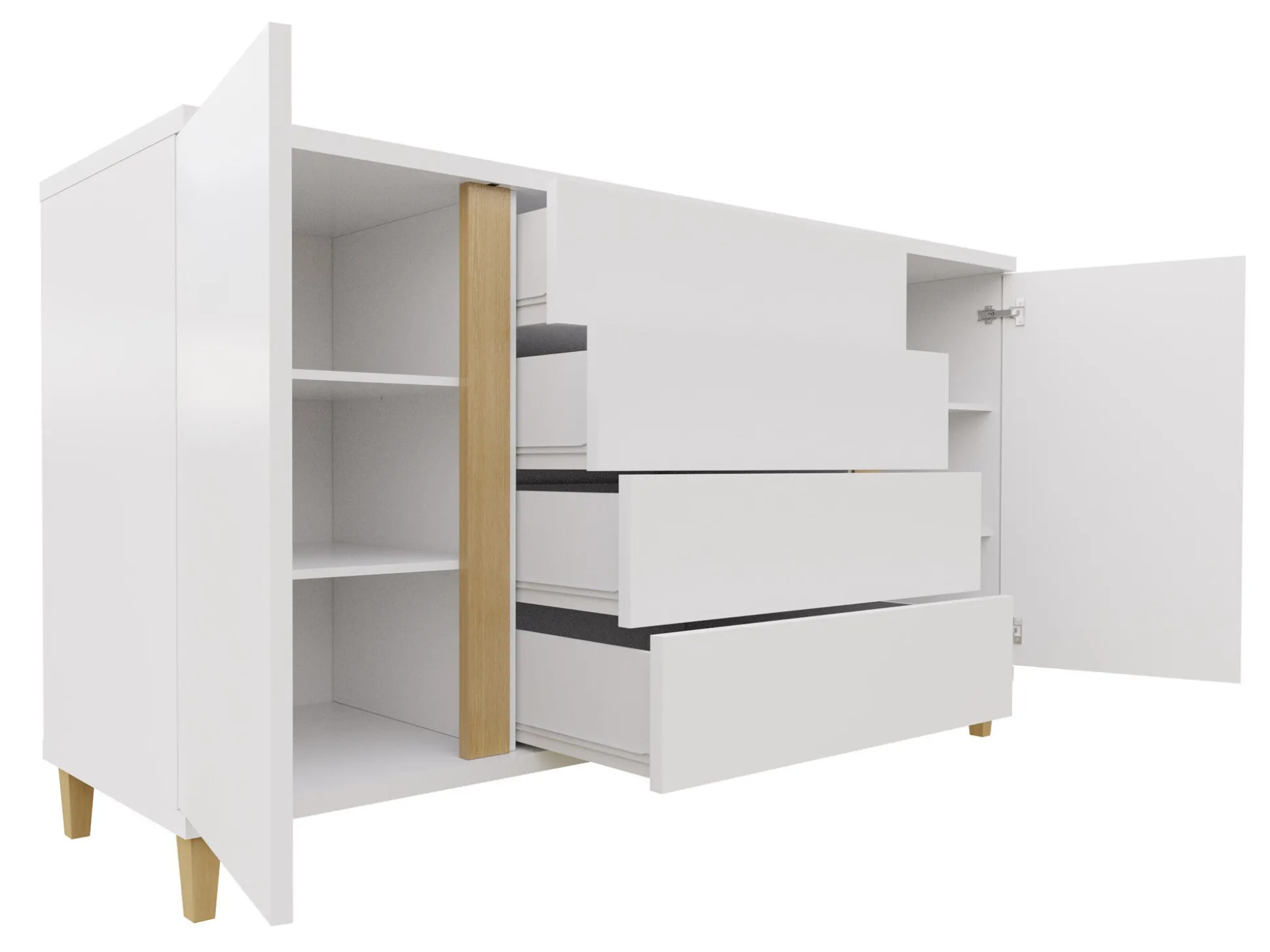 Kommode Florem (Hvid + Glansfuld hvid + Lyst træ)