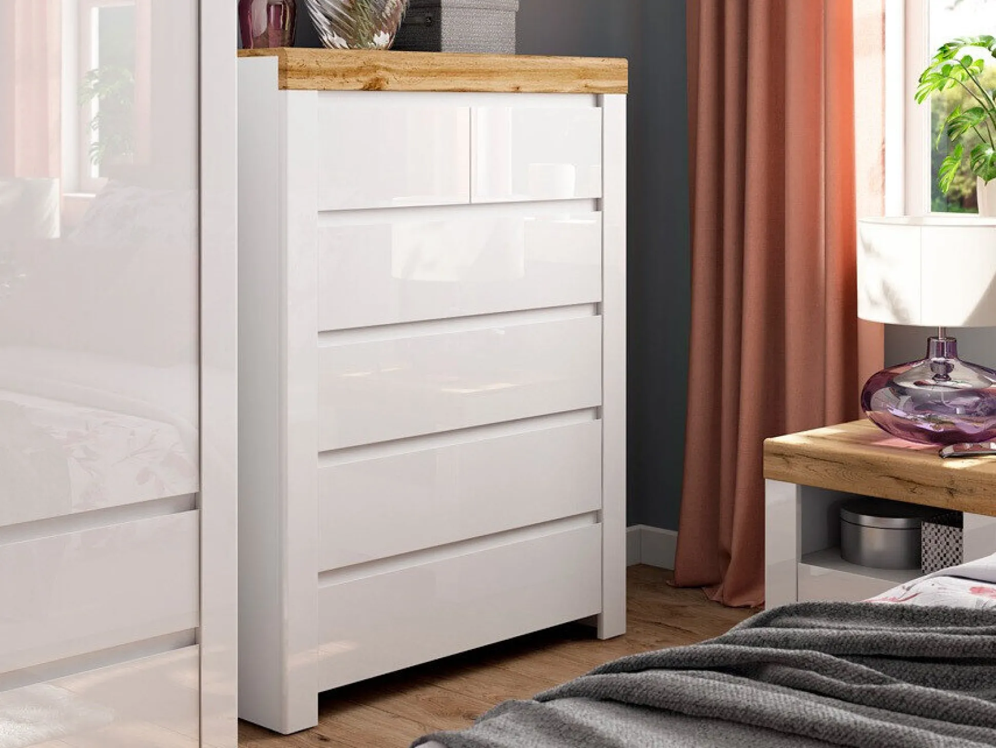 Kommode Sonsoru 114 (Hvid + Glansfuld hvid + Wotan eg)