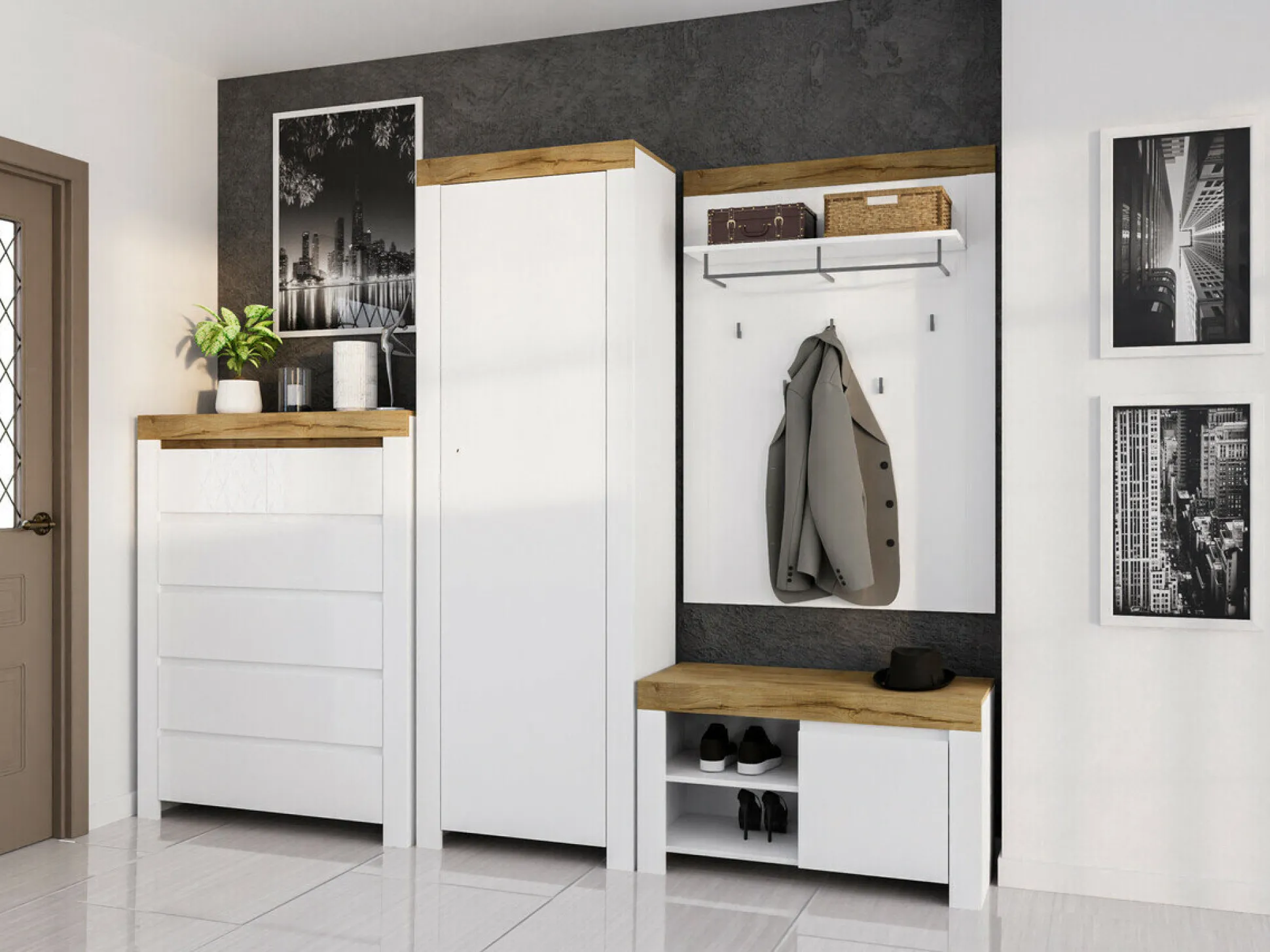 Kommode Sonsoru 114 (Hvid + Glansfuld hvid + Wotan eg)