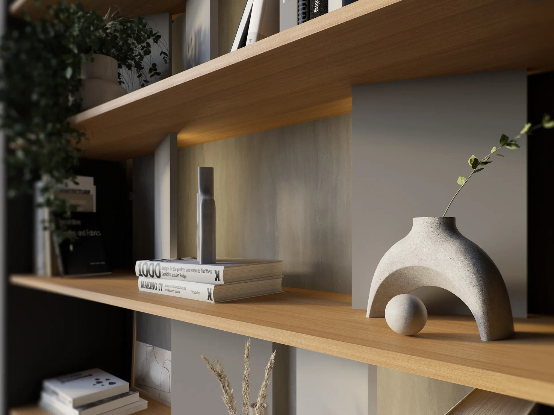 Reol Fresno 154 (Glansfuld grå + Grafit + Egetræ)