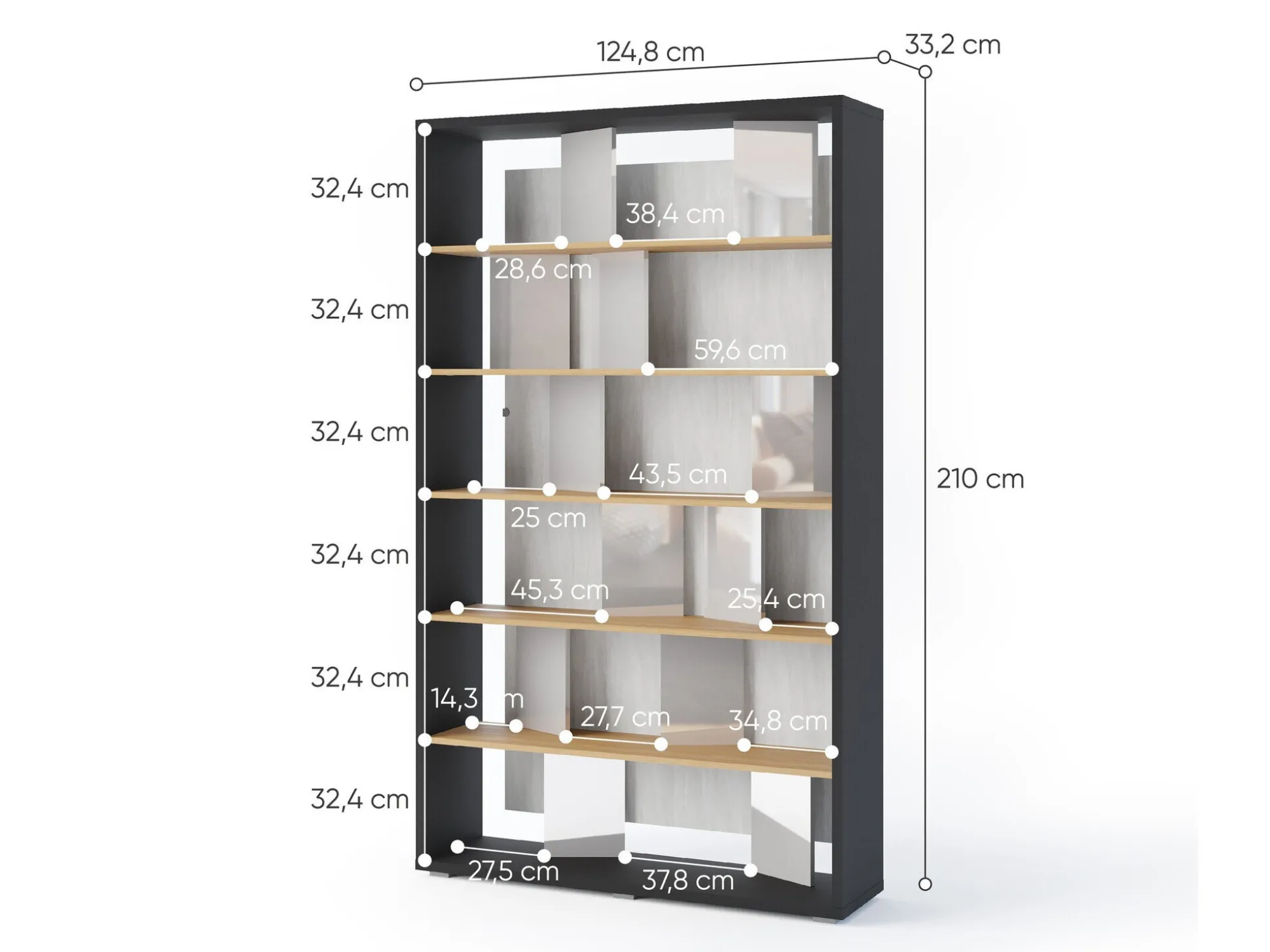 Reol Fresno 154 (Glansfuld grå + Grafit + Egetræ)