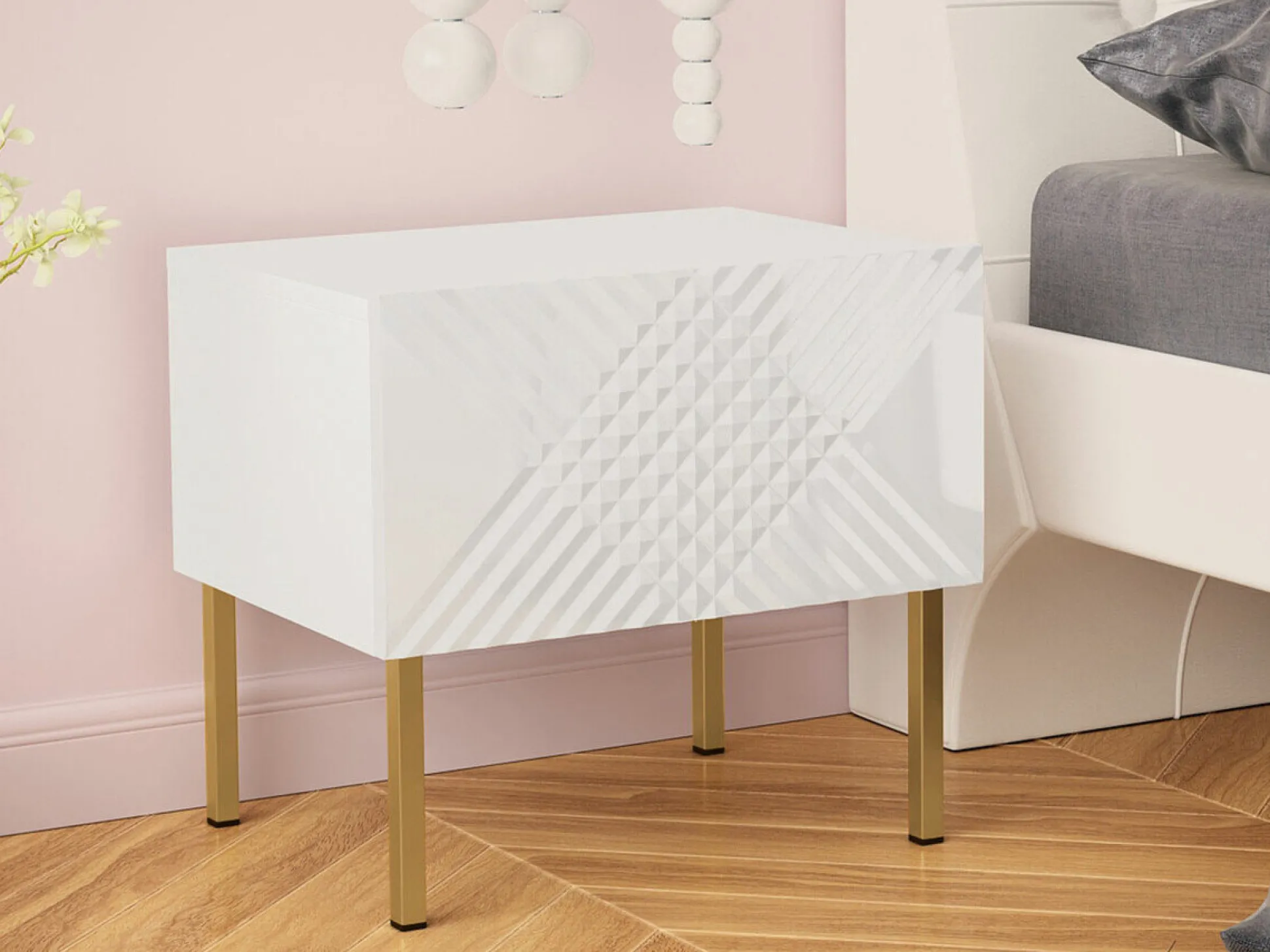 Sengebord Natar (Hvid + Glansfuld hvid)