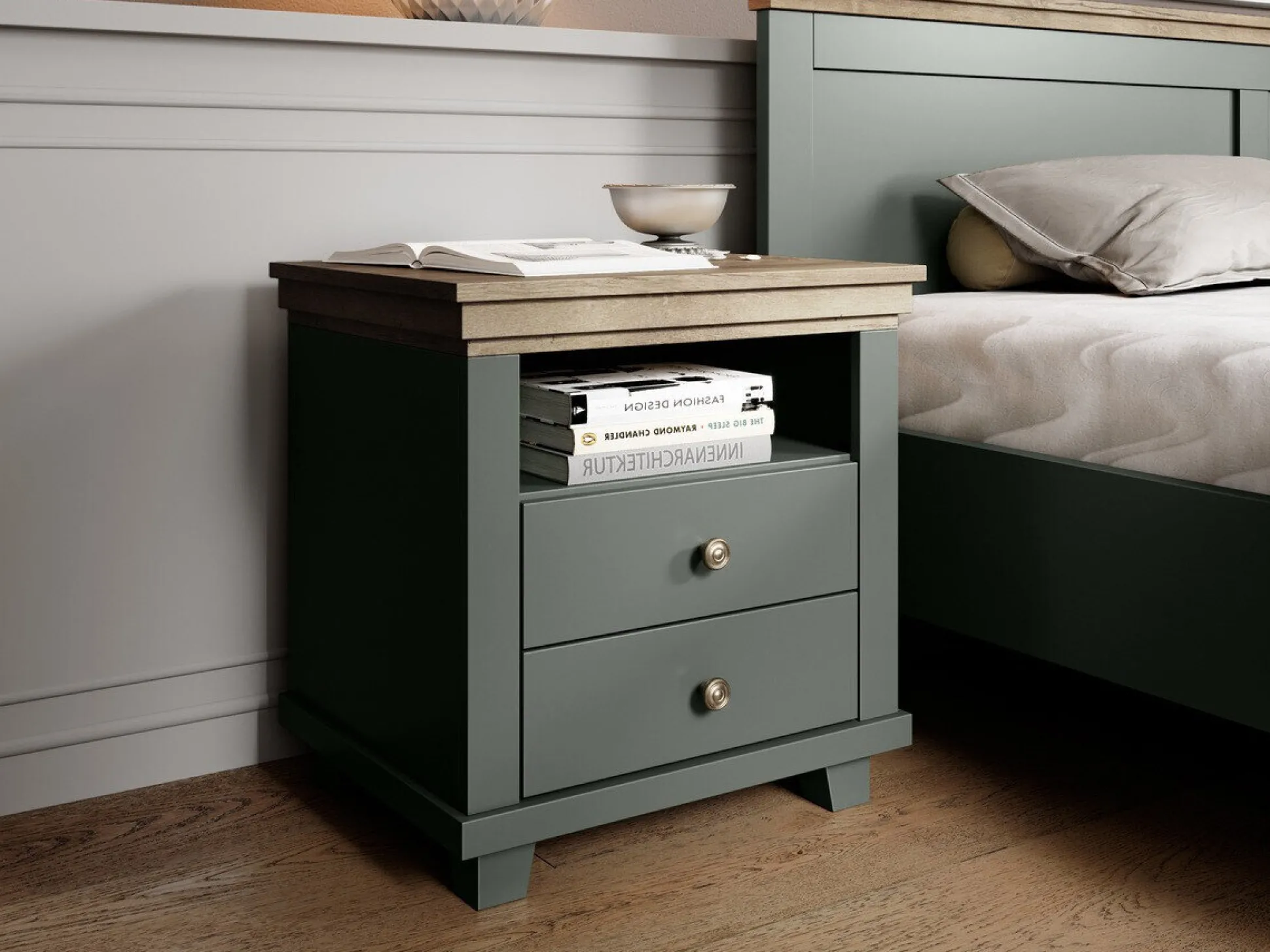 Sengebord Tolnue 117 (Mørkegrøn + Lefkas eg)