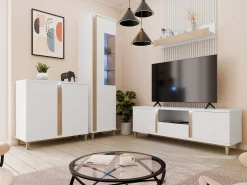 Skænk Florem II (Hvid + Glansfuld hvid + Lyst træ)