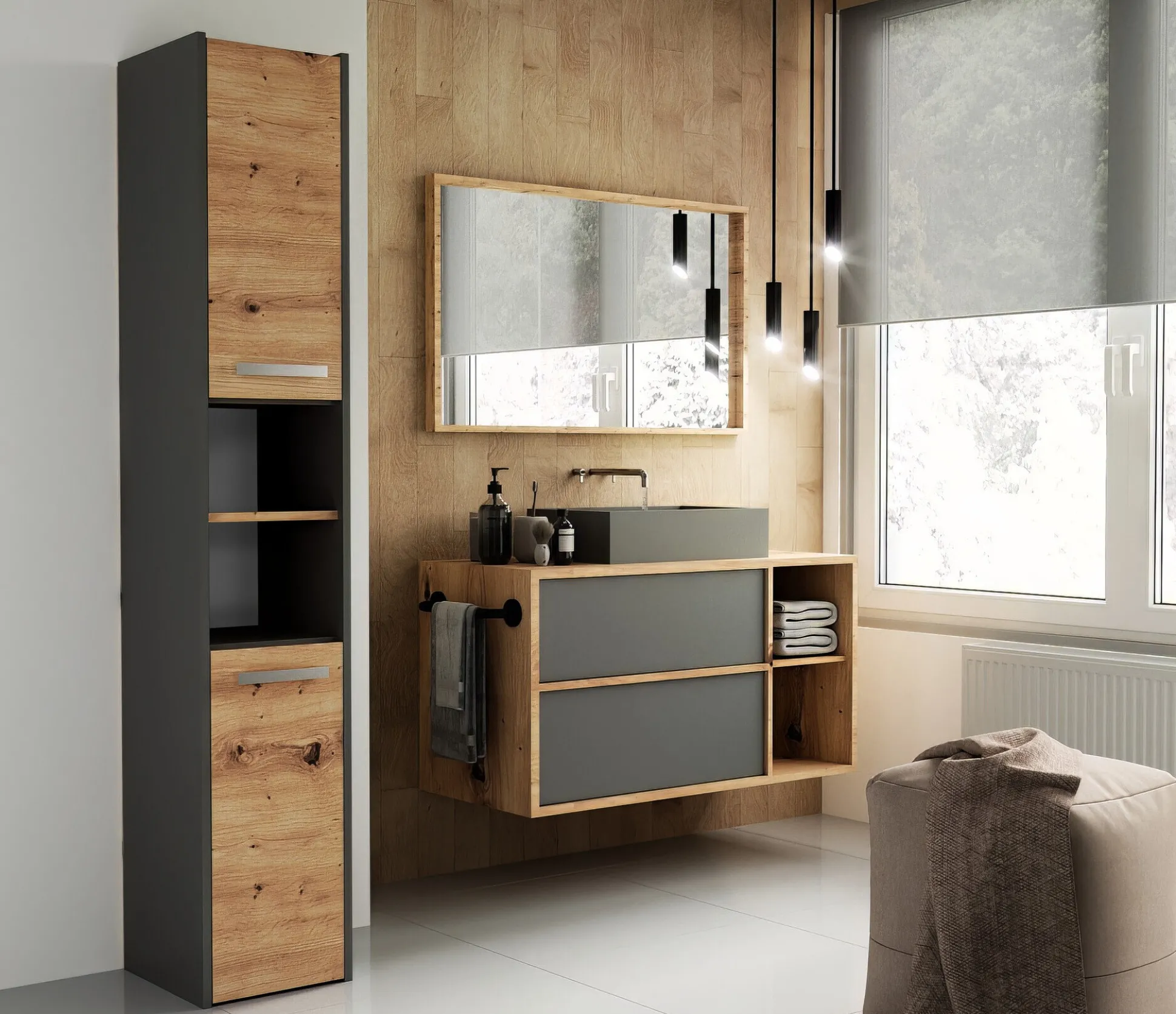 Stående badeværelsesskab Mandeville 248 (Antracit + Artisan eg)