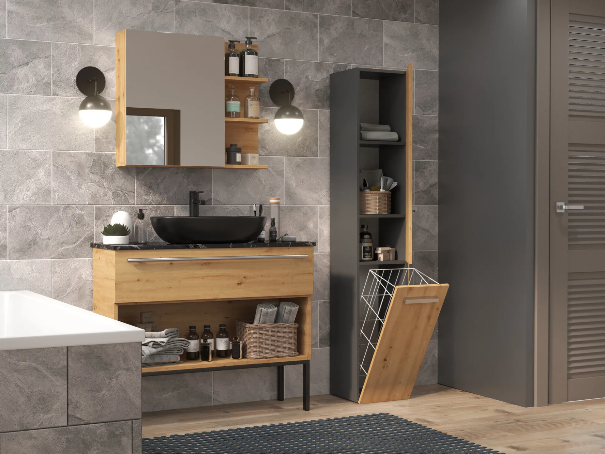Stående badeværelsesskab Nolmaru 107 (Antracit + Artisan eg)