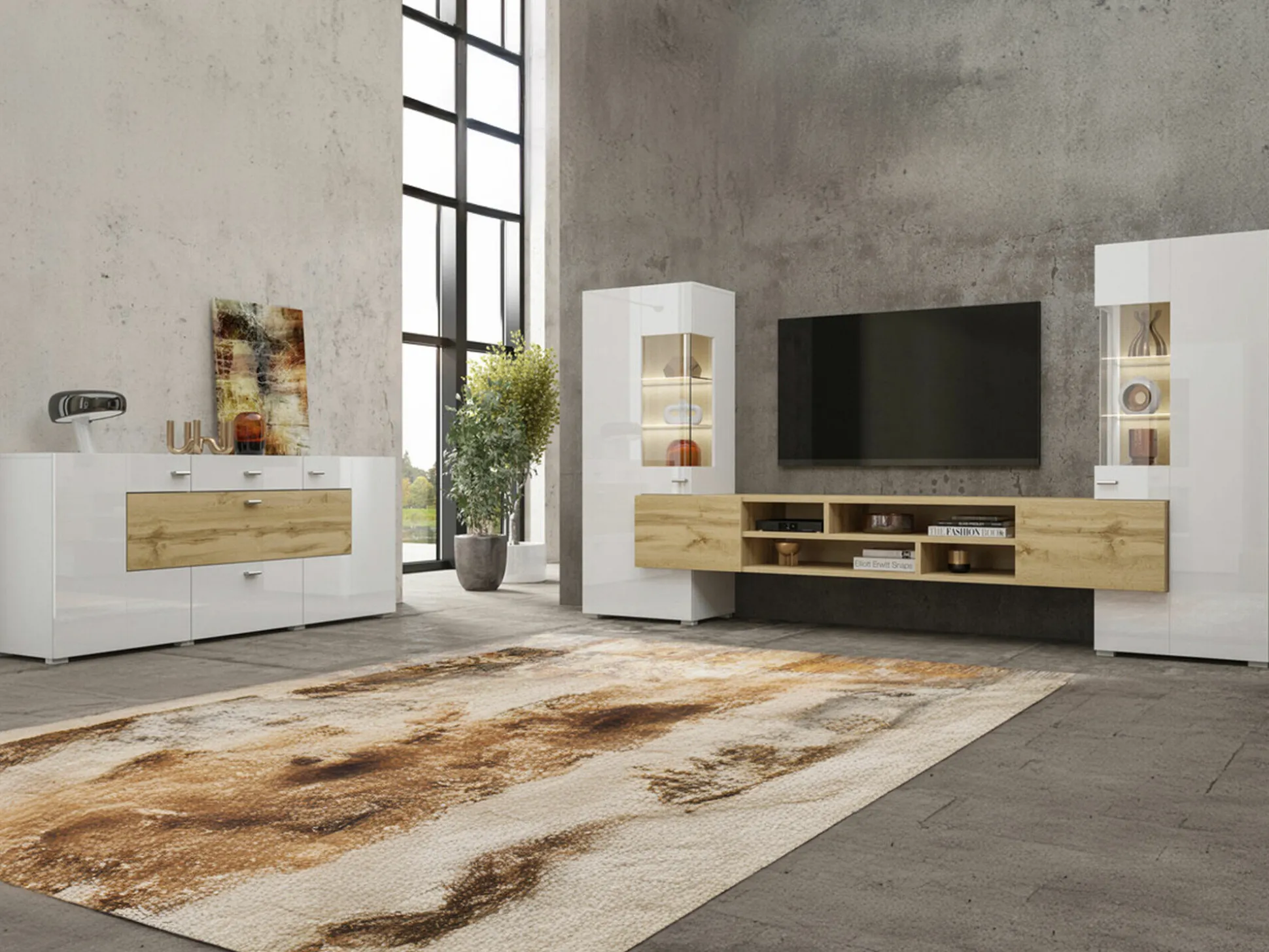 Stuemøbelsæt Mondalo 105 (Wotan eg + Glansfuld hvid)