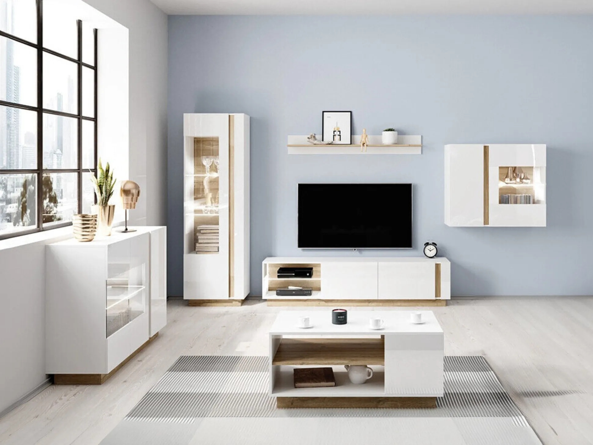 Stuemøbelsæt Novbela 114 (Hvid + Glansfuld hvid + Grandson eg)