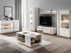 Stuemøbelsæt Novbela 113 (Hvid + Glansfuld hvid + Grandson eg)