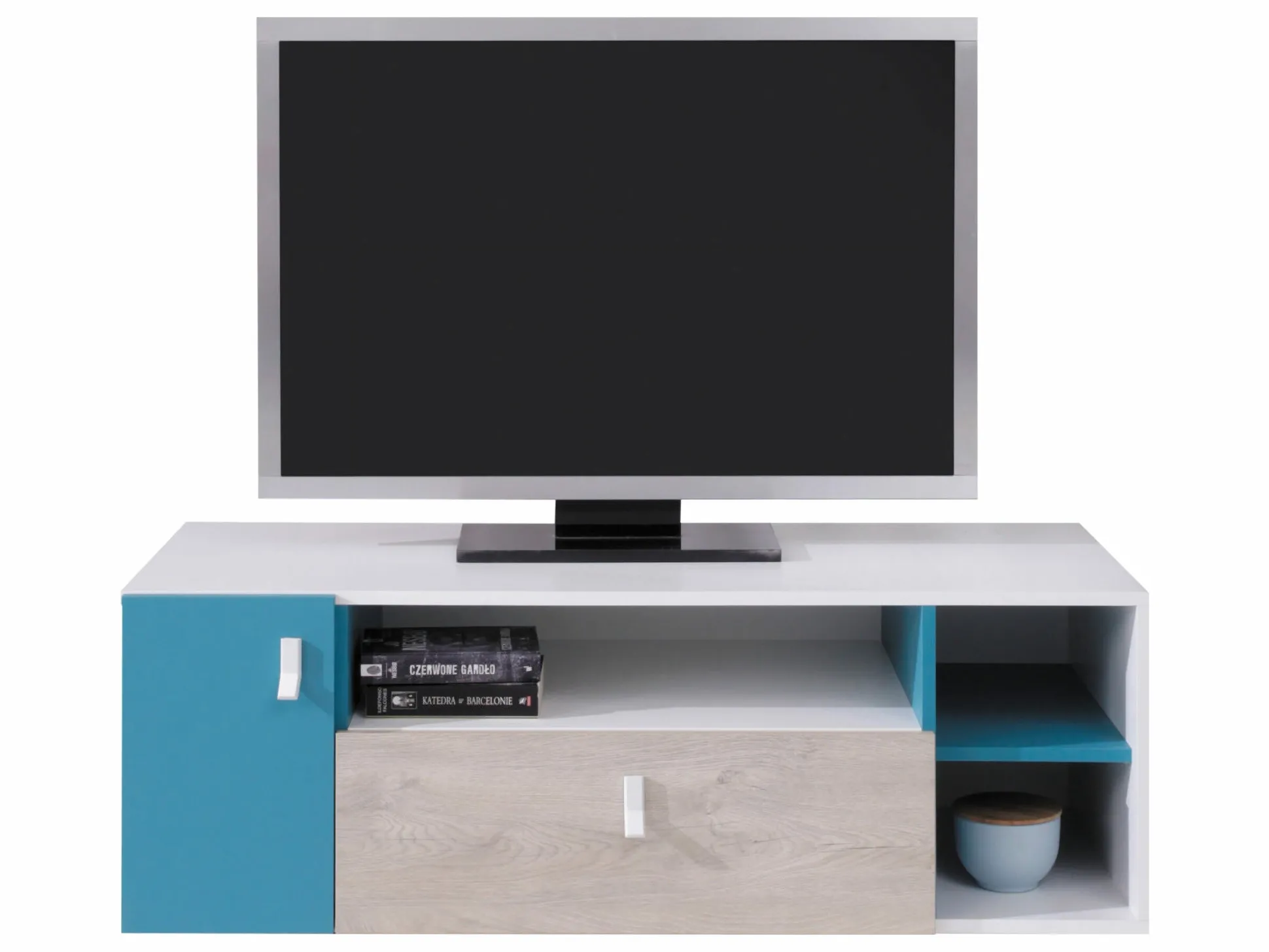 TV-bord Camteso 108 (Hvid + Egetræ + Turkis)