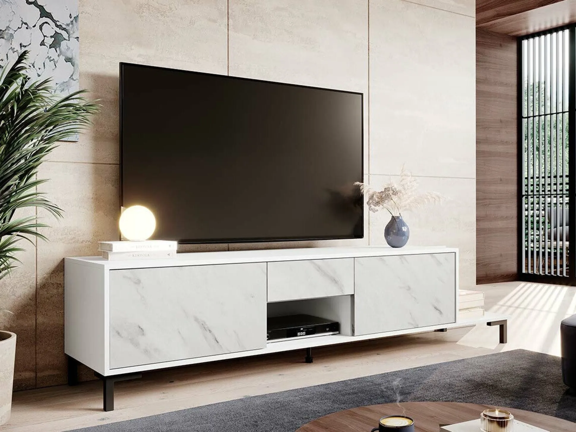 TV-bord Charlotte 157 (Hvid + Hvid marmor)