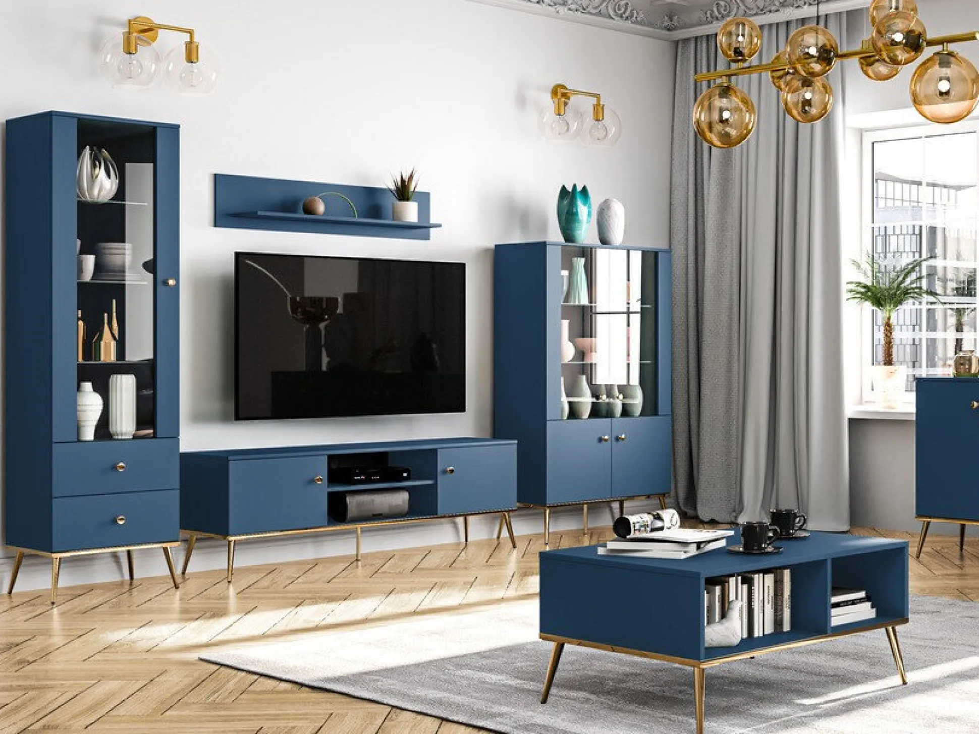 TV-bord Flonovu 104 (Mørkeblå + Gylden)