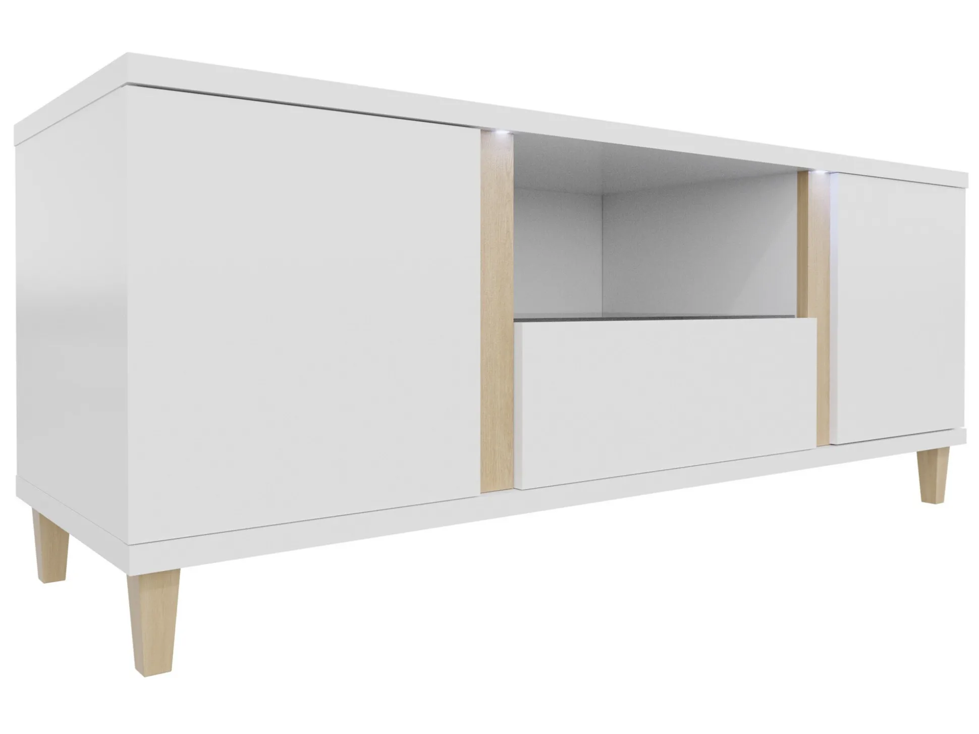 TV-bord Florem (Hvid + Glansfuld hvid + Lyst træ)