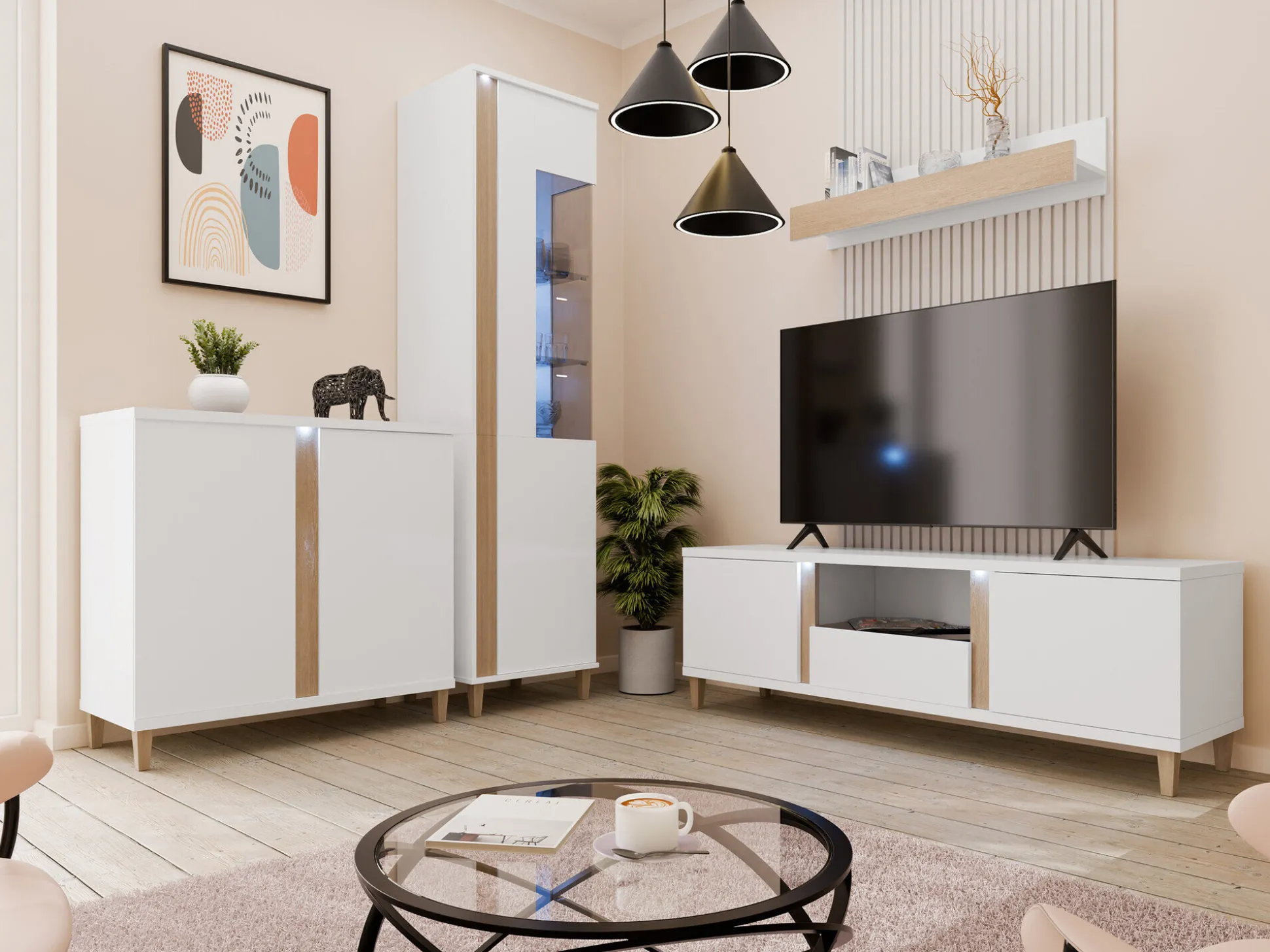 TV-bord Florem (Hvid + Glansfuld hvid + Lyst træ)