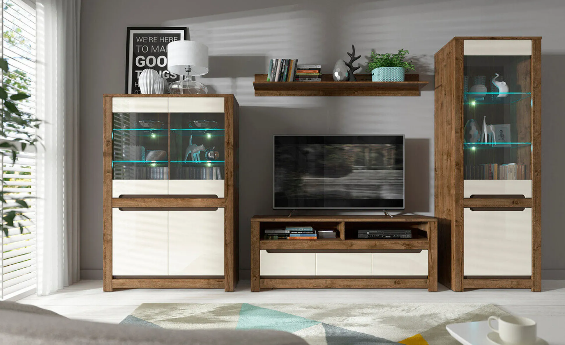 TV-bord Ophevaru 108 (Glossy cream + April egetræ)