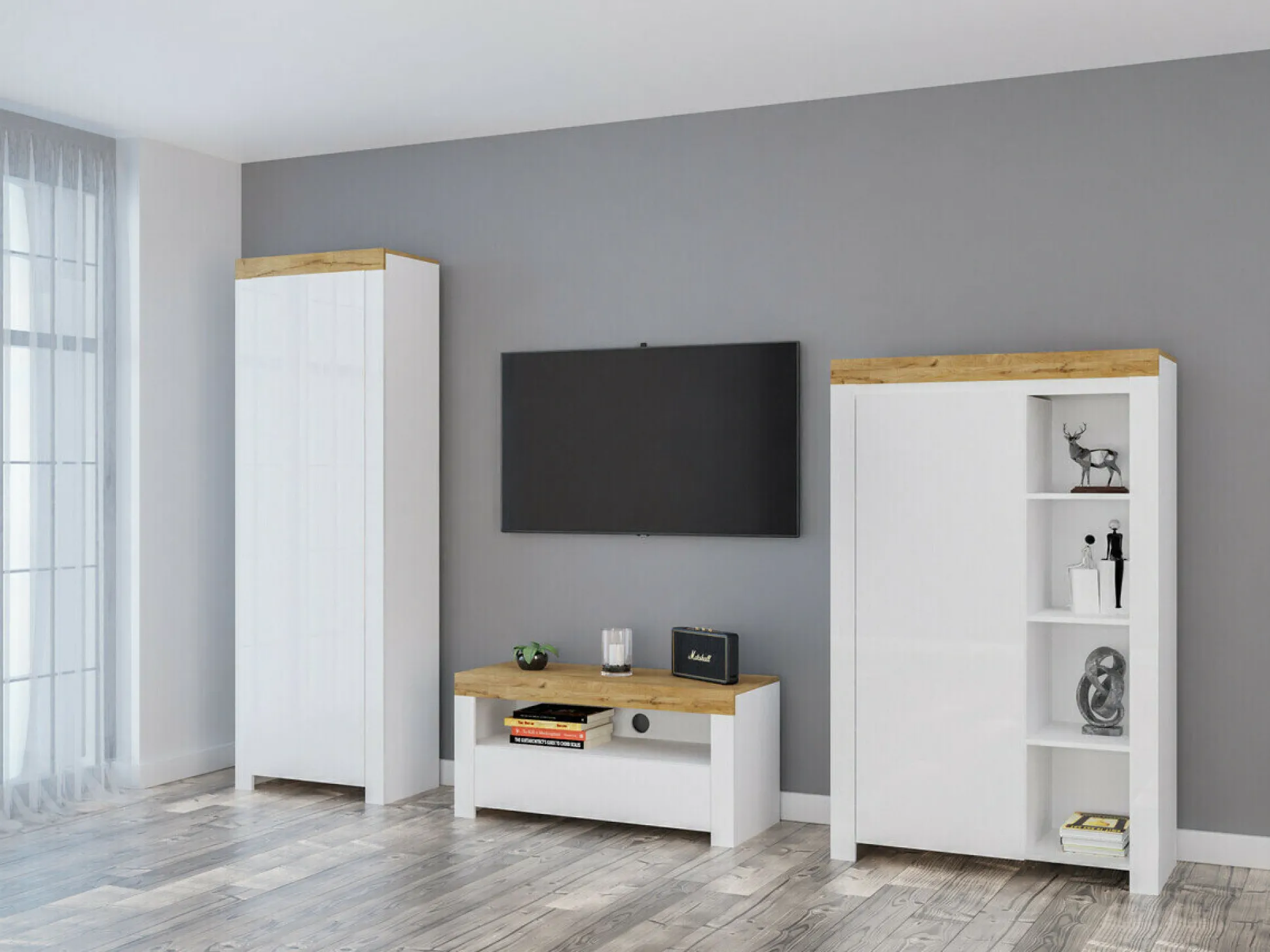 TV-bord Sonsoru 107 (Hvid + Glansfuld hvid + Wotan eg)