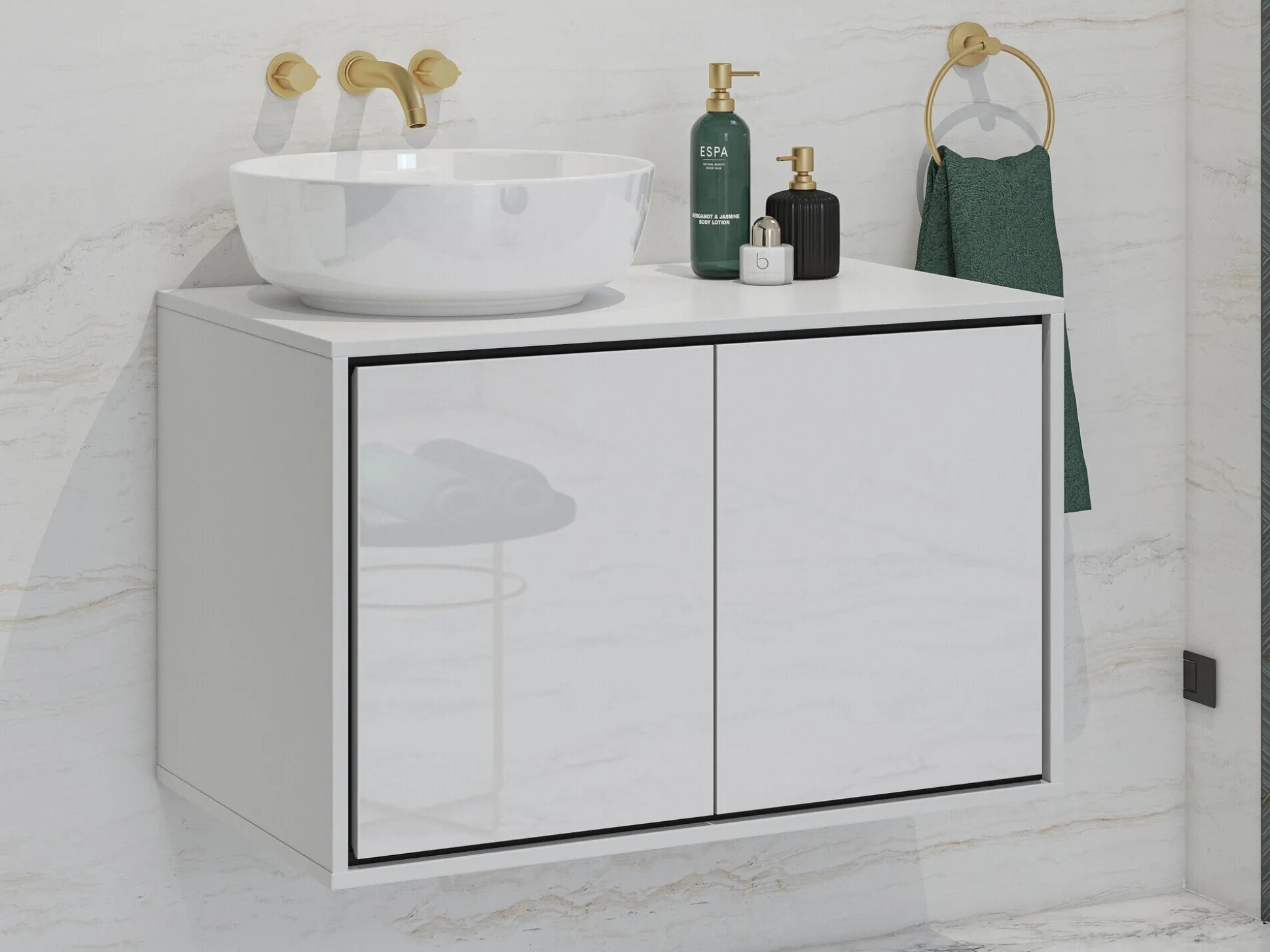 Vægbadeværelsesskab til håndvask Tecavu 103 (Glansfuld hvid + Hvid)